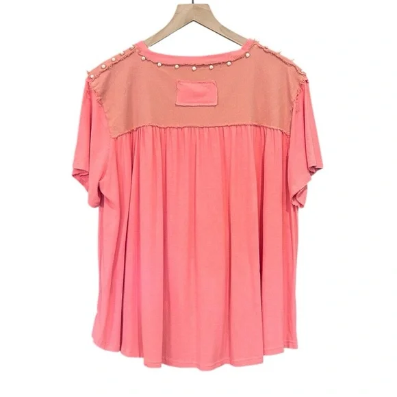 POL Oversize Pearl Embellished Ribbed Top Size Small Watermelon Pink - Picture 5 of 12